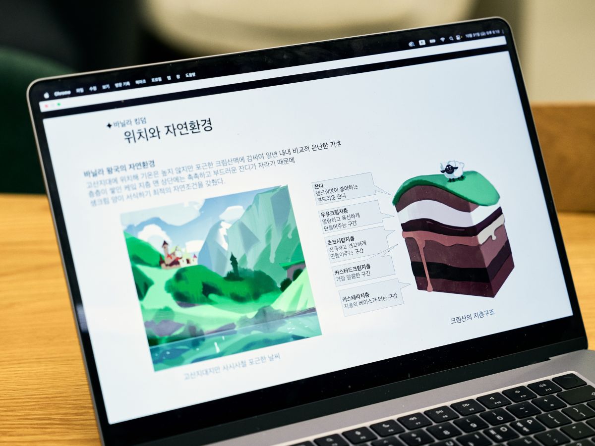 세계관 바이블에 담긴 쿠키런 대륙의 지층 구조 모습. 이은지 CIPO는 “쿠키런 킹덤의 세계관을 정리할 때 각 지역 환경과 지층의 구성 성분까지 설정했다”고 설명했다. 사진 속 바닐라 킹덤의 지층은 카스테라와 커스터드크림, 초코시럽과 우유크림으로 구성되는 식이다. ⓒ롱블랙